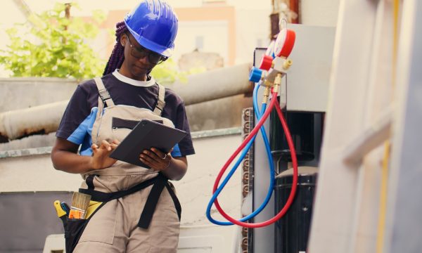 Knowledgeable professional calibrating ac gauges vacuum pump during comissioned condenser maintenance. Capable specialist looking for potential low pressure in air conditioner cooling system